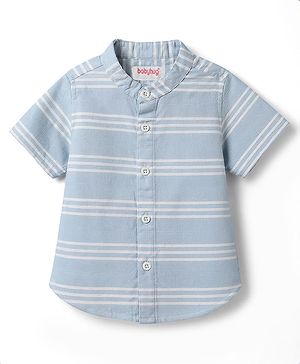 Babyhug Cotton Woven Half Sleeves Striped Shirt With Mandarin Collar- Light Blue
