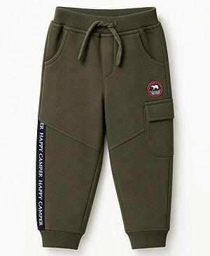Babyhug Cotton Terry Knit Solid Lounge Pant With Text Print - Olive Green
