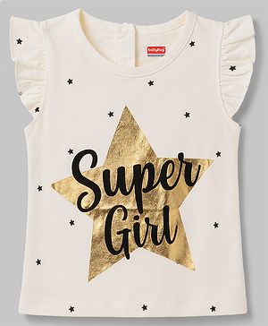 Babyhug 100% Cotton Knit Frill Sleeves T-Shirt with Glitter Star Print - White