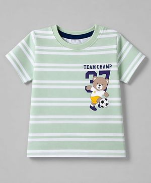 Babyhug 100% Cotton Knit Half Sleeves T-Shirt with Striped & Bear Print -Mint