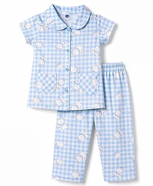 Teddy Sinker Knit Half Sleeves Shirt
                              & Pyjama Co-ord Night Suit with Bear
                              Print - Light Blue