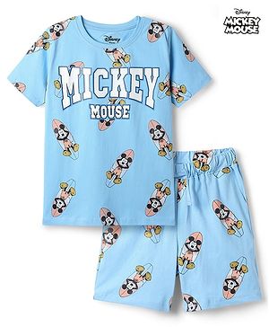 Pine Kids Disney Single Jersey Knit Half sleeves T-shirts & Shorts Night Suit With Mickey Mouse Print - Light Blue