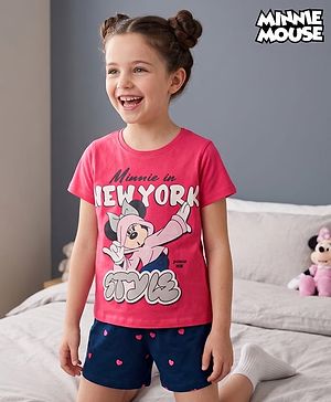 Pine Kids Disney 100% Cotton Knit Half Sleeves T-Shirt & Shorts Night Suit With Minnie Mouse Graphics-Multicolor