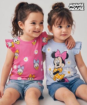 Babyhug Disney Single Jersey Knit Sleeveless T - Shirts with Daisy Duck Minnie Mouse & Floral Print Pack of 2 - Pink & Light  Blue
