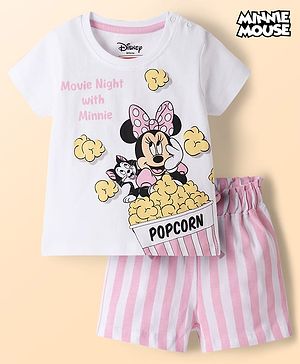 Babyhug Disney Single Jersey Knit Half Sleeves T-Shirt & Shorts Night Suit with Minnie Mouse Graphics - White