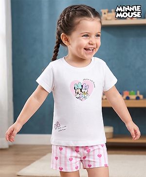 Babyhug Disney Single Jersey Knit Half Sleeves T-Shirt & Shorts Night Suit With Minnie Mouse & Friends Graphics - White
