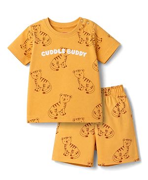 Babyhug Cotton Knit Half Sleeves Tiger Printed Co-Ords T-Shirt & Shorts Night Suit - Rust Orange