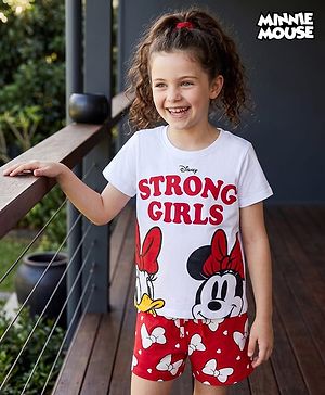 Pine Kids Disney Single Jersey Knit Half Sleeves T-Shirt & Shorts Night Suit With Minnie & Donald Print - Multicolour
