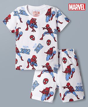 Babyhug Single Jersey Knit Half Sleeves Co-Ords T-Shirt & Shorts Night Suit with Spider-Man Print - White