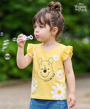 Babyhug Disney Cotton Knit T-Shirt with Winnie The Pooh Graphic Frill Sleeve Round Neck Yellow 3-6 Months