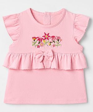 Babyhug 100% Cotton Knit Top with Frill Sleeves and Floral Embroidery -Pink