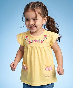Babyhug 100% Cotton Knit Top with Frill Sleeves and Floral Embroidery - Yellow