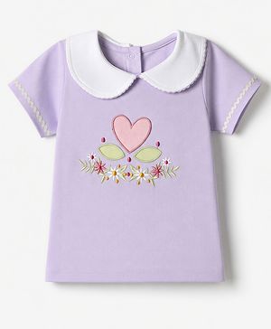 Babyhug 100% Cotton Knit Top with Half Sleeves and Floral Embroidery - Lavender
