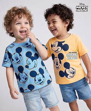 Babyhug Disney Single Jersey Knit Half Sleeves T-Shirts with Mickey Mouse Print Pack of 2 - Blue & White