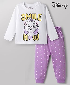 Babyhug Disney Cotton Knit Full Sleeves T-Shirt & Pyjama Night Suit With Polka Dots & Marie Graphic - Multi Color