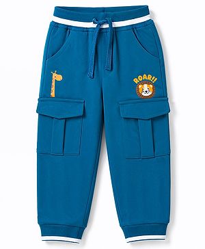 Babyhug Cotton Terry Knit Solid Full Length Lounge Pant With Animal Print - Blue