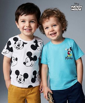 Babyhug Disney Single Jersey Knit Half Sleeves T-Shirts  With Mickey Mouse Graphic Pack Of 2 - White & Blue