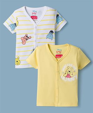 Babyhug Disney Interlock Knit Half Sleeves Striped Jhablas With Winnie the Pooh Graphic Pack of 2 - White & Yellow