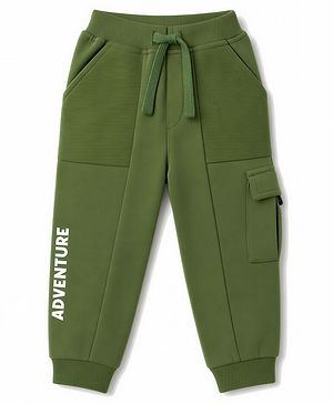 Babyhug 100% Cotton Terry Knit Full Length Lounge Pant with Text Print & Cut & Sew Design- Olive Green