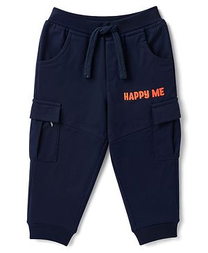 Babyhug Cotton Terry Knit Full Length Solid Lounge Pant with Cargo Pockets & Happy Me Text Print - Navy Blue