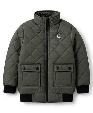 Pine Kids Woven Full Sleeves Padded Quilted Winter Jacket - Dark Green