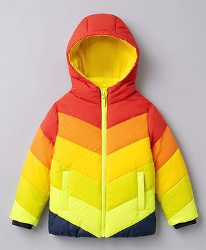 Pine Kids Woven Full Sleeves Hooded Padded Jacket with Colour Block Design - Red & Yellow