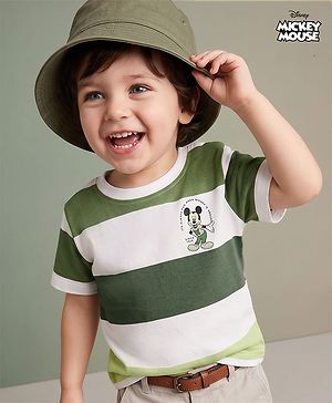 Babyhug Disney Single Jersey Knit Half Sleeves Striped T-Shirt With Mickey Mouse Graphic - Green