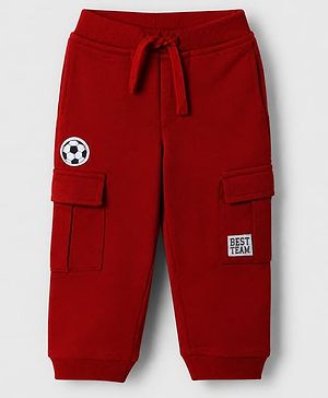 Babyhug Cotton Terry Knit Full Length Solid Lounge Pant with Cargo Pockets & Best Team Text with Football Patch - Red