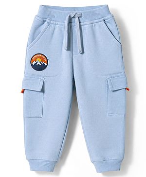 Babyhug 100% Cotton Terry Knit Full Length Lounge Pants With Patch & Cargo Pockets - Blue