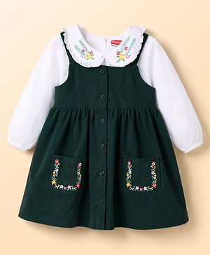 Babyhug Corduroy Woven Sleeveless Frock & Peter Pan Collared T-Shirt With Floral Embroidery - Dark Green