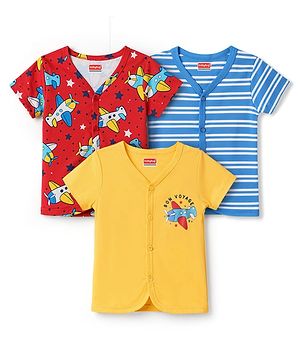 Babyhug 100% Cotton Knit Half Sleeves Jhablas with Airplane Print Pack of 3 - Multicolot