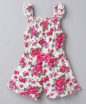 Babyhug Single Jersey Knit Sleeveless Jumpsuit With Floral Print - Multicolor