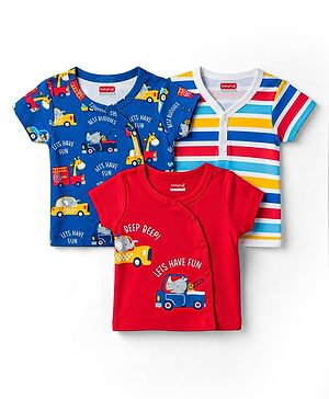 Babyhug 100% Cotton Knit Half Sleeves Striped & Animal & Vehicles Printed Jhablas Pack Of 3 - Multicolor