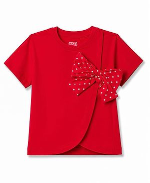Babyhug 100% Cotton Knit Half Sleeves T-Shirt With Bow Applique & Polka Dots Print - Red