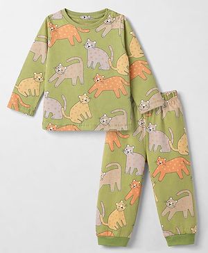 Babyhug Cotton Knit Full Sleeves Co-Ords Pyjama Night Suit with Cat Print -  Green