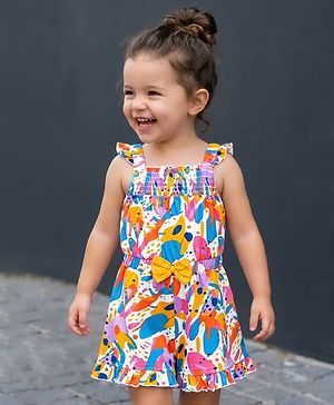 Babyhug Single Jersey Knit Sleeveless Abstract Printed Jumpsuit With Bow Applique - Multicolor