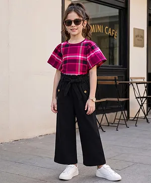 OLLINGTON ST. Cotton Knit Half Sleeve
                              Checkered Top & Culottes Set-
                              Multicolour