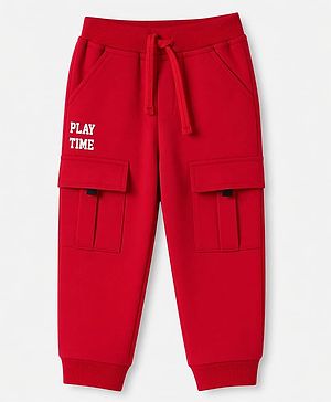 Babyhug Cotton Terry Knit Full Length Lounge Pant With Playtime Text Print - Red