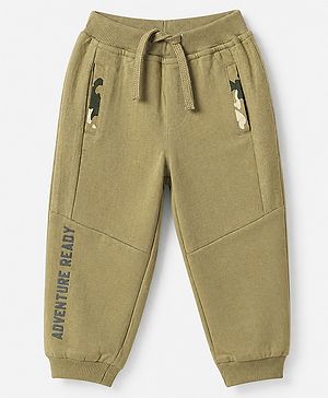 Babyhug Cotton Terry Full Length Jogger Fit Track Pant with Full Length and Adventure Ready Print in Olive Green