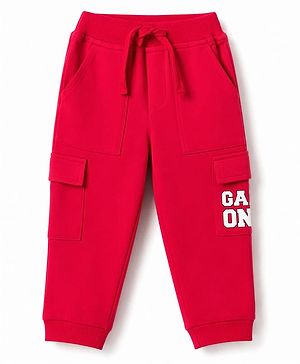 Babyhug Cotton Terry Knit Full Length Lounge Pant With Game On Text Print - Red