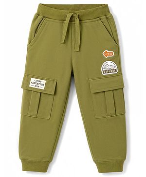 Babyhug 100% Cotton Terry Knit Full Length Lounge Pant With Cargo Pockets & Patch - Olive Green