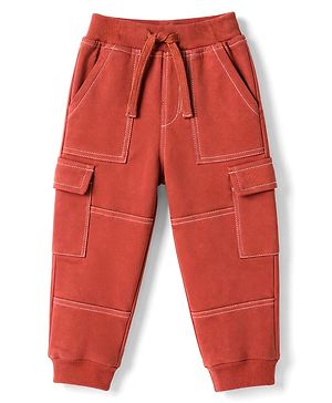 Babyhug 100% Cotton Terry Knit Full Length Cut N Sew Lounge Pant With Cargo Pockets - Rust Orange