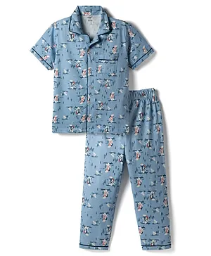 CUCUMBER Knitted Half Sleeves Co-Ord
                              Shirt & Pyjama Night Suit With Snow
                              Bear Print - Blue