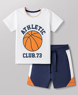 Babyhug 100% Cotton Single Jersey Knit Half Sleeves T-Shirt and Shorts with Basketball Print - White