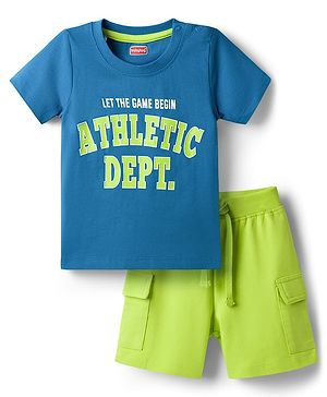 Babyhug Single Jersey Knit Half Sleeves T-Shirt & Shorts Set With Text Print - Blue & Limegreen
