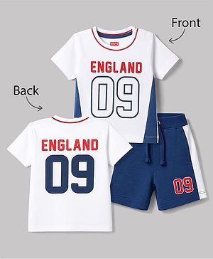 Babyhug 100% Cotton Single Jersey Knit Half Sleeves T-Shirt & Shorts Set England Print - White & Blue