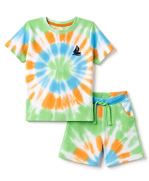 Babyhug 100% Cotton Knit Half Sleeves Tie & Dye Nautical Theme Printed Co-Ords T-Shirt & Shorts Set - Light Green
