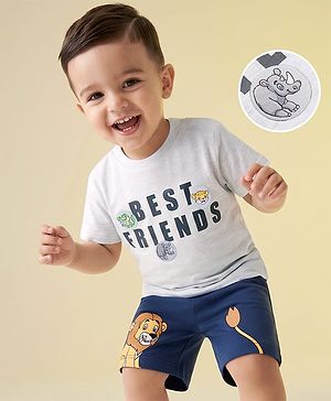 Babyhug 100% Cotton Knit Half Sleeves T-Shirt & Shorts Set With Animals Print - White & Navy Blue