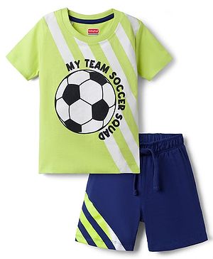 Babyhug 100% Cotton Single Jersey Knit Half Sleeves Football Printed T-Shirt and Shorts Set - Light Green