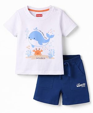 Babyhug Single Jersey Knit Half Sleeves T-Shirt & Shorts Set With Whale & Crab Print - White & Navy Blue